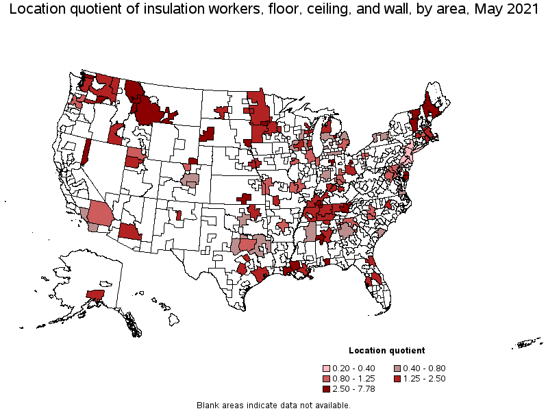 Map of location quotient of insulation workers, floor, ceiling, and wall by area, May 2021
