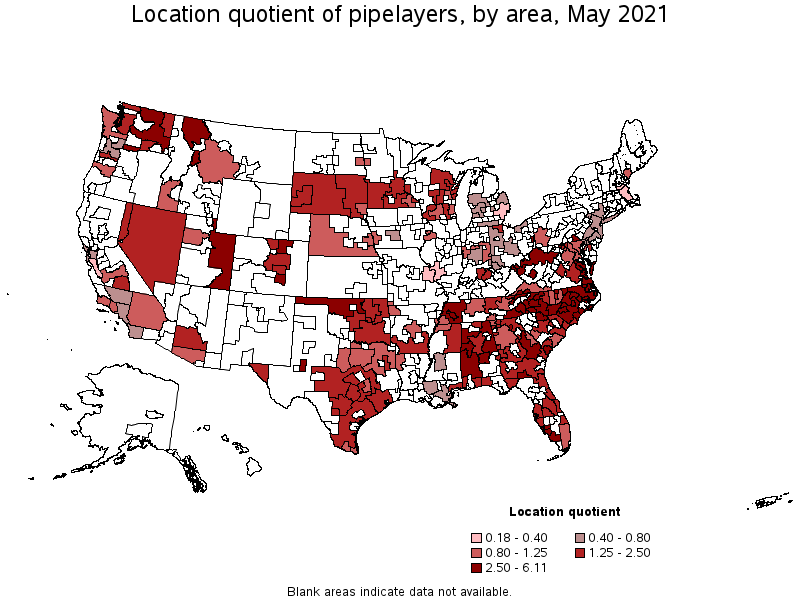 Map of location quotient of pipelayers by area, May 2021