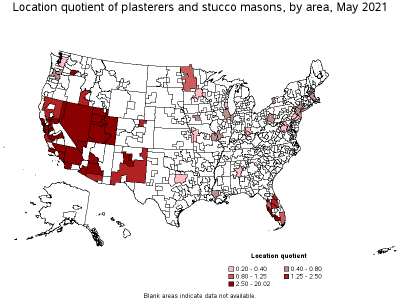 Map of location quotient of plasterers and stucco masons by area, May 2021