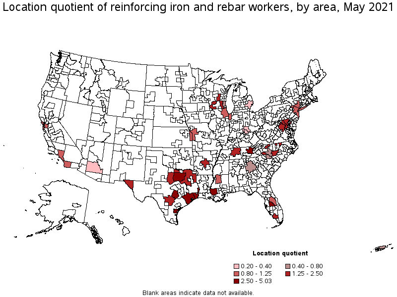 Map of location quotient of reinforcing iron and rebar workers by area, May 2021