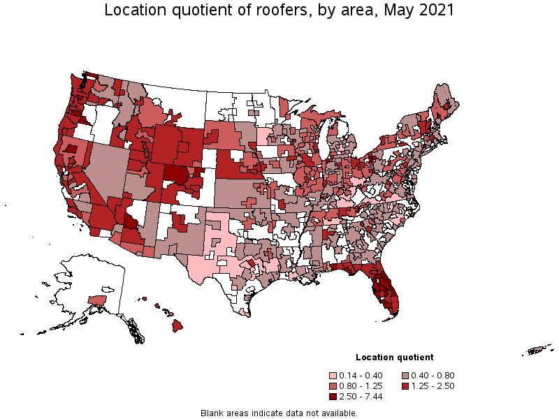 Map of location quotient of roofers by area, May 2021