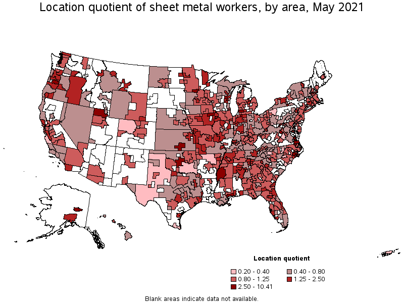 Map of location quotient of sheet metal workers by area, May 2021