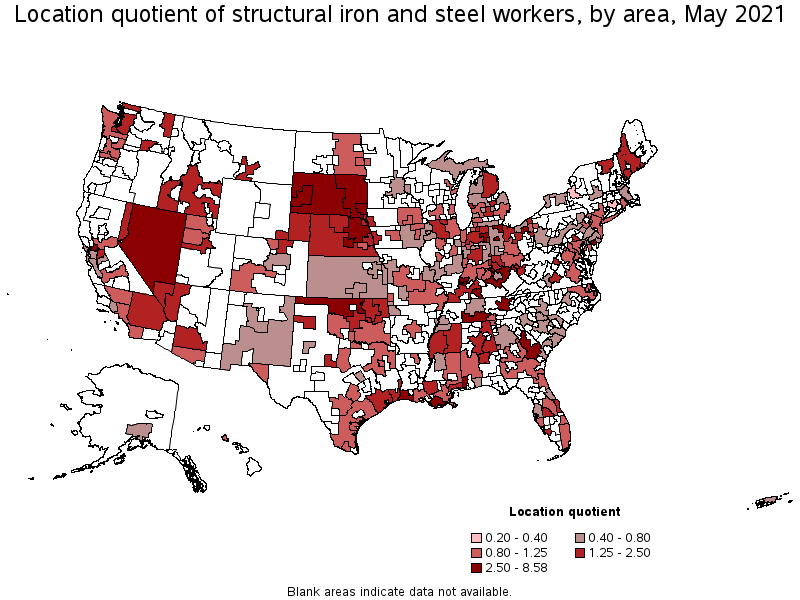 Map of location quotient of structural iron and steel workers by area, May 2021