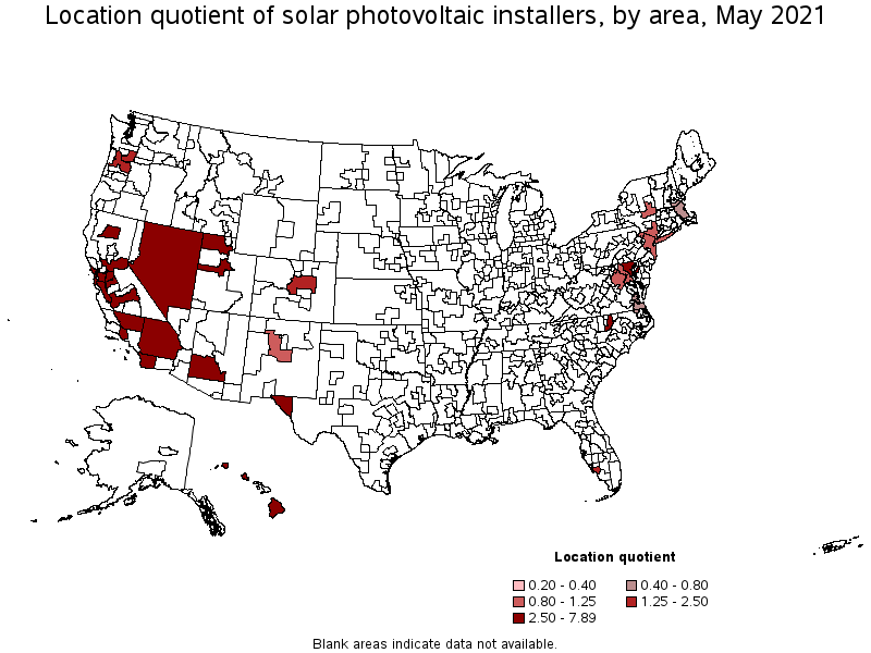 Map of location quotient of solar photovoltaic installers by area, May 2021