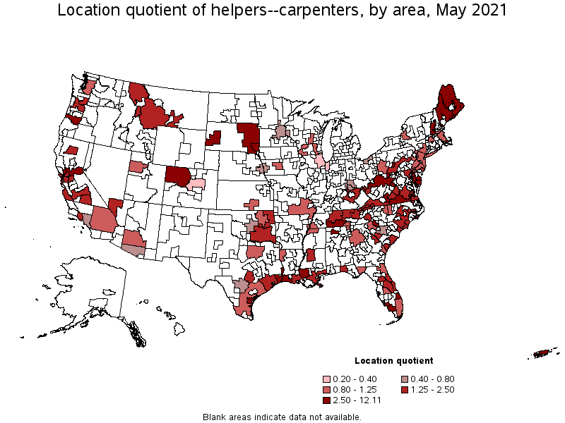 Map of location quotient of helpers--carpenters by area, May 2021
