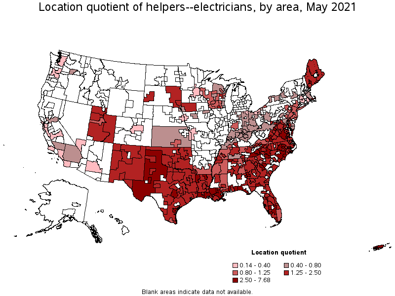 Map of location quotient of helpers--electricians by area, May 2021