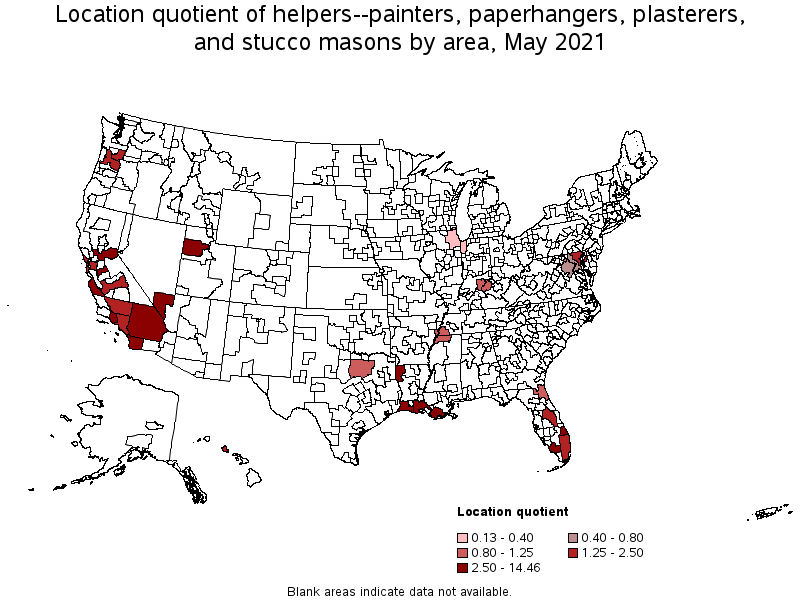 Map of location quotient of helpers--painters, paperhangers, plasterers, and stucco masons by area, May 2021