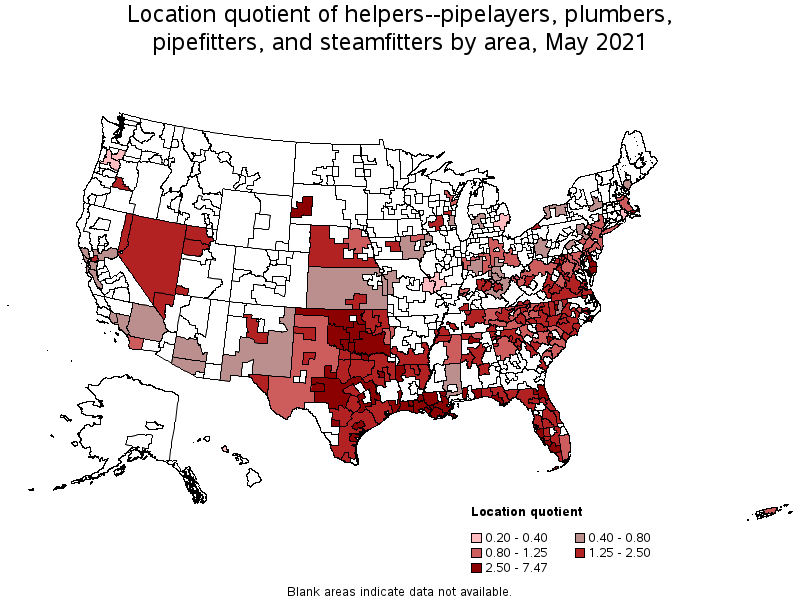 Map of location quotient of helpers--pipelayers, plumbers, pipefitters, and steamfitters by area, May 2021