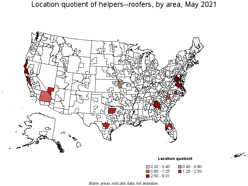 Map of location quotient of helpers--roofers by area, May 2021