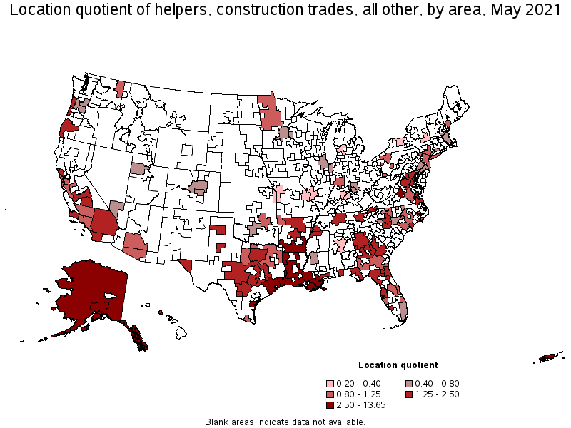 Map of location quotient of helpers, construction trades, all other by area, May 2021