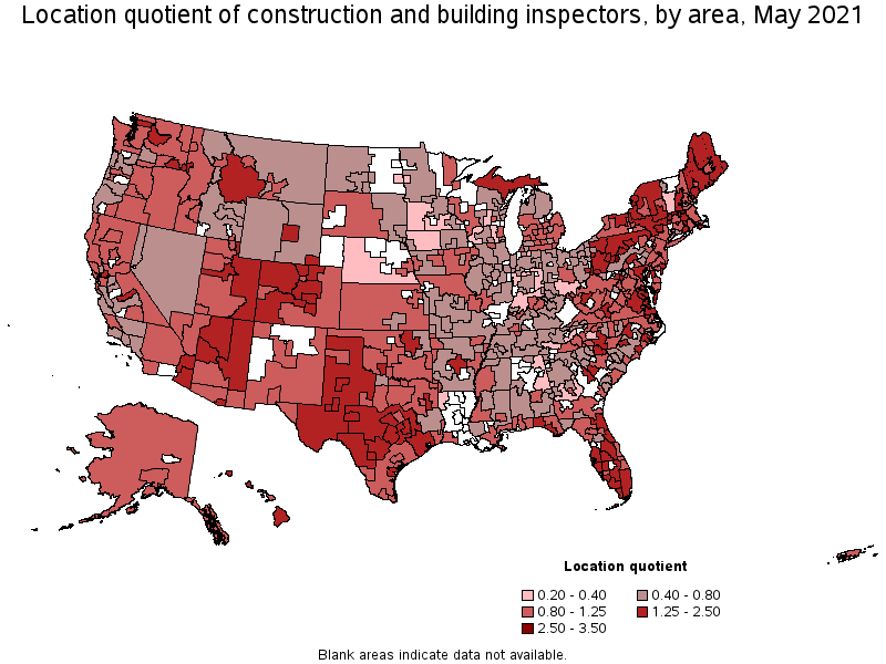 Map of location quotient of construction and building inspectors by area, May 2021