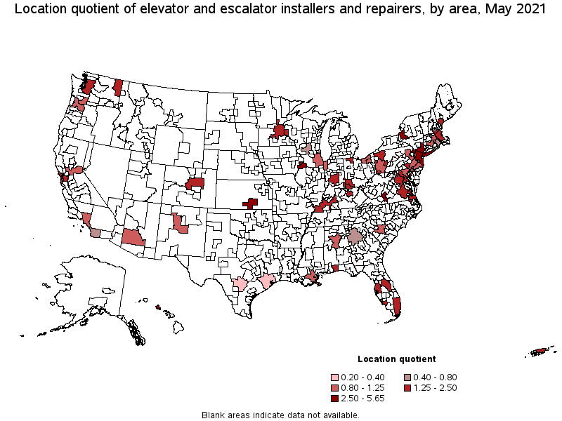 Map of location quotient of elevator and escalator installers and repairers by area, May 2021