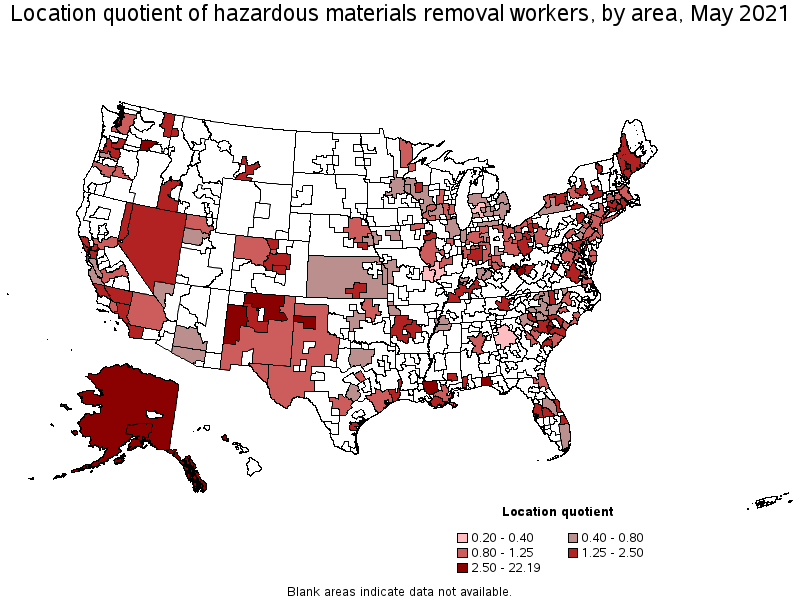 Map of location quotient of hazardous materials removal workers by area, May 2021