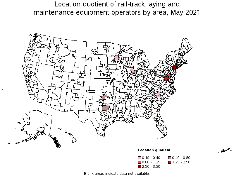 Map of location quotient of rail-track laying and maintenance equipment operators by area, May 2021