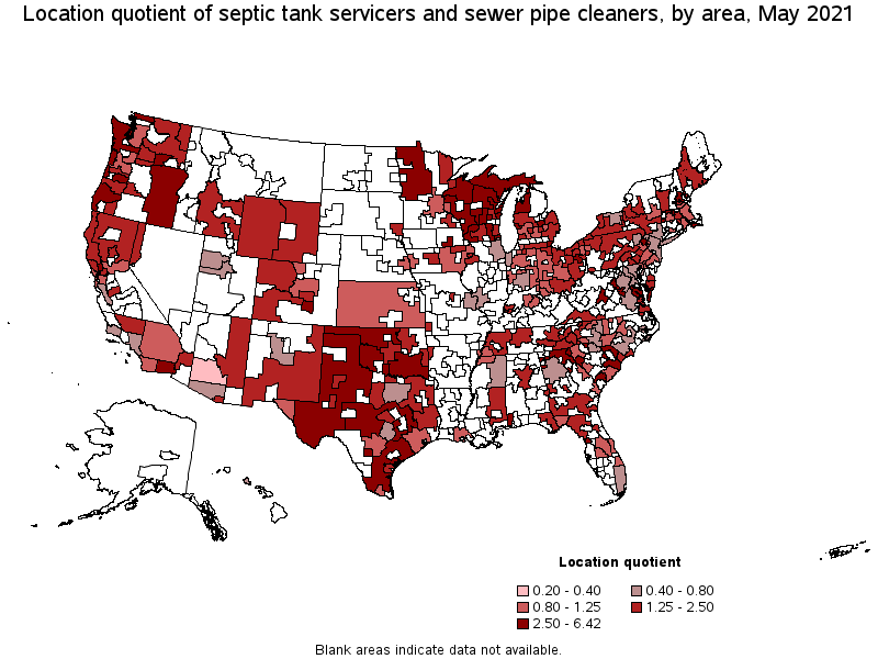 Map of location quotient of septic tank servicers and sewer pipe cleaners by area, May 2021