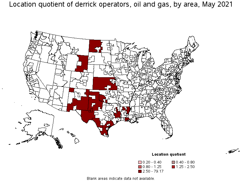 Map of location quotient of derrick operators, oil and gas by area, May 2021