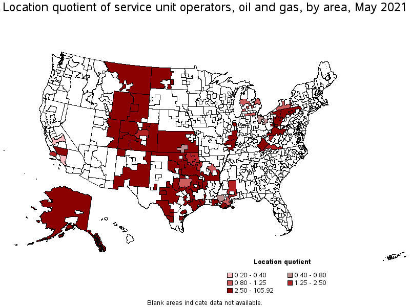 Map of location quotient of service unit operators, oil and gas by area, May 2021