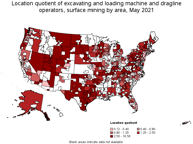 Map of location quotient of excavating and loading machine and dragline operators, surface mining by area, May 2021