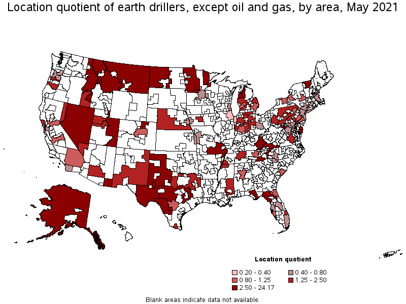 Map of location quotient of earth drillers, except oil and gas by area, May 2021