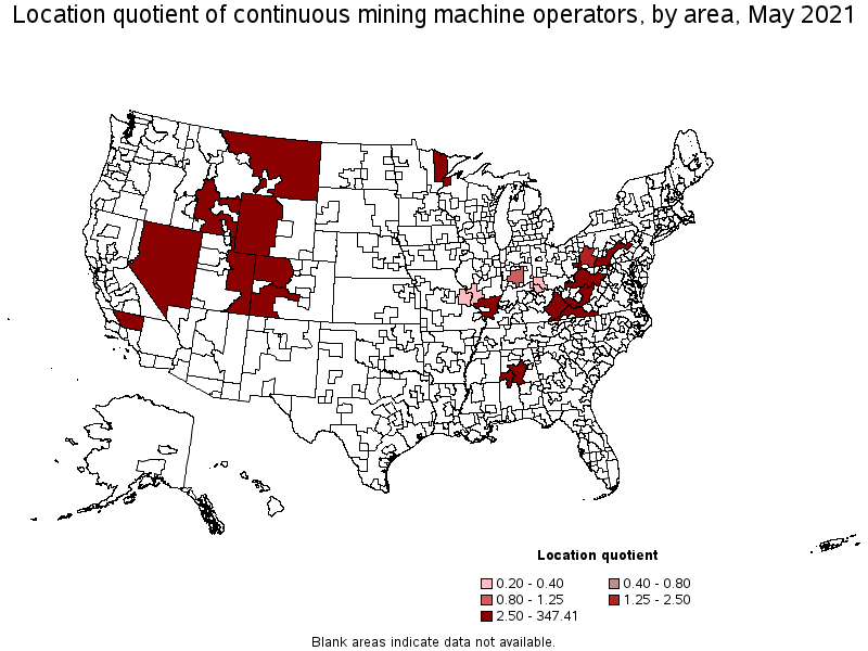 Map of location quotient of continuous mining machine operators by area, May 2021