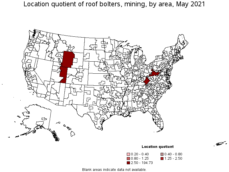 Map of location quotient of roof bolters, mining by area, May 2021