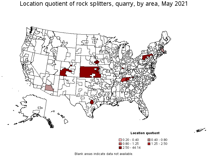 Map of location quotient of rock splitters, quarry by area, May 2021