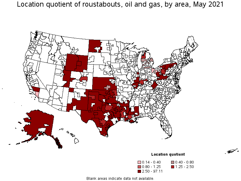 Map of location quotient of roustabouts, oil and gas by area, May 2021