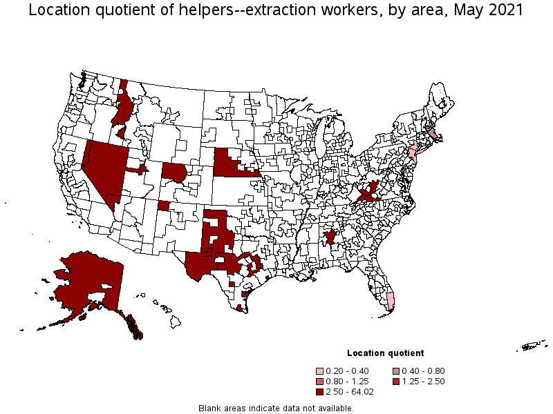 Map of location quotient of helpers--extraction workers by area, May 2021