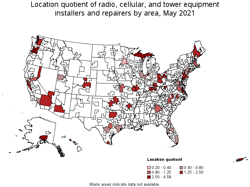 Map of location quotient of radio, cellular, and tower equipment installers and repairers by area, May 2021
