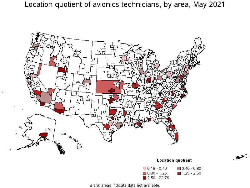 Map of location quotient of avionics technicians by area, May 2021