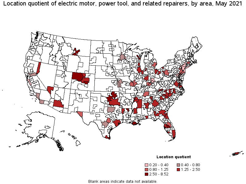 Map of location quotient of electric motor, power tool, and related repairers by area, May 2021