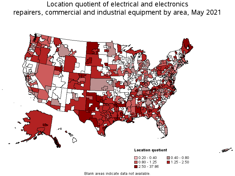 Map of location quotient of electrical and electronics repairers, commercial and industrial equipment by area, May 2021