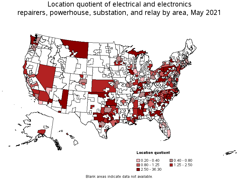 Map of location quotient of electrical and electronics repairers, powerhouse, substation, and relay by area, May 2021