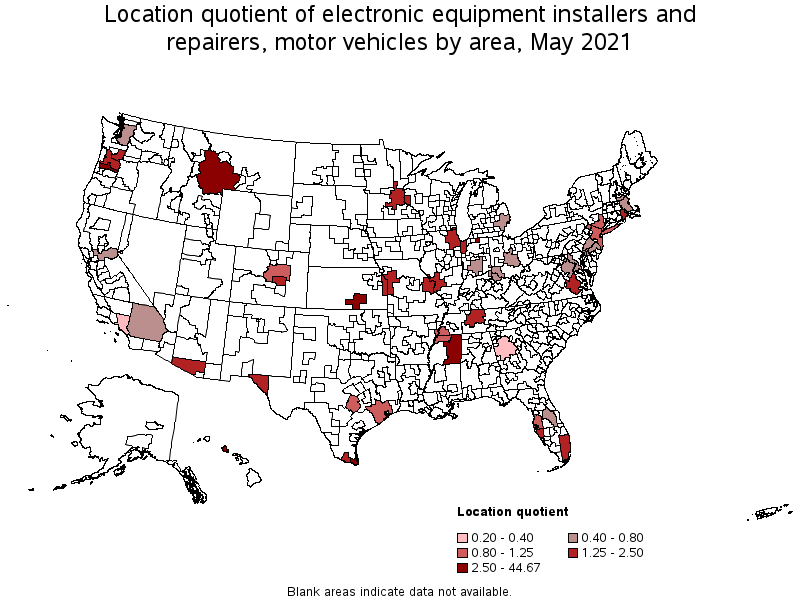 Map of location quotient of electronic equipment installers and repairers, motor vehicles by area, May 2021