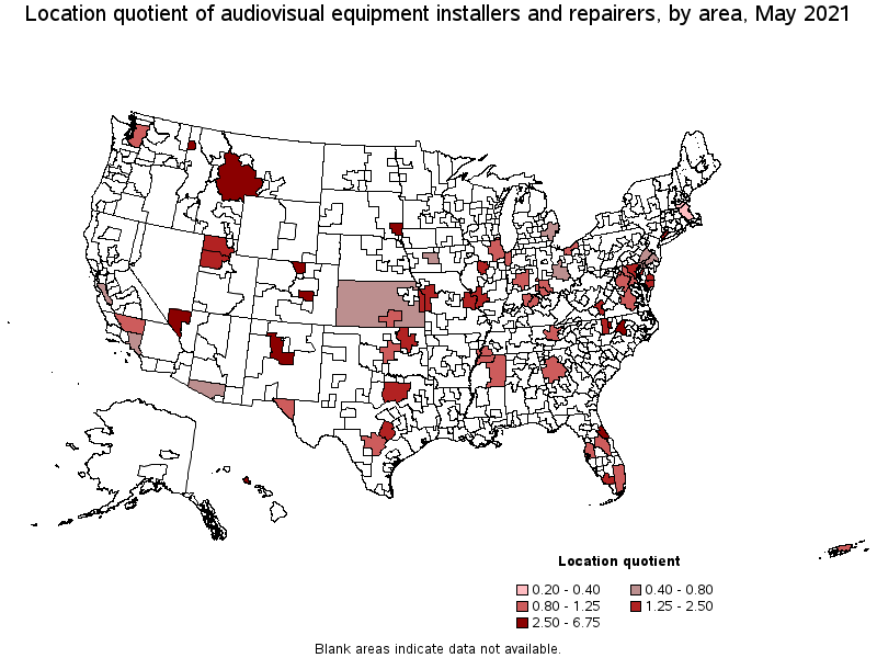 Map of location quotient of audiovisual equipment installers and repairers by area, May 2021