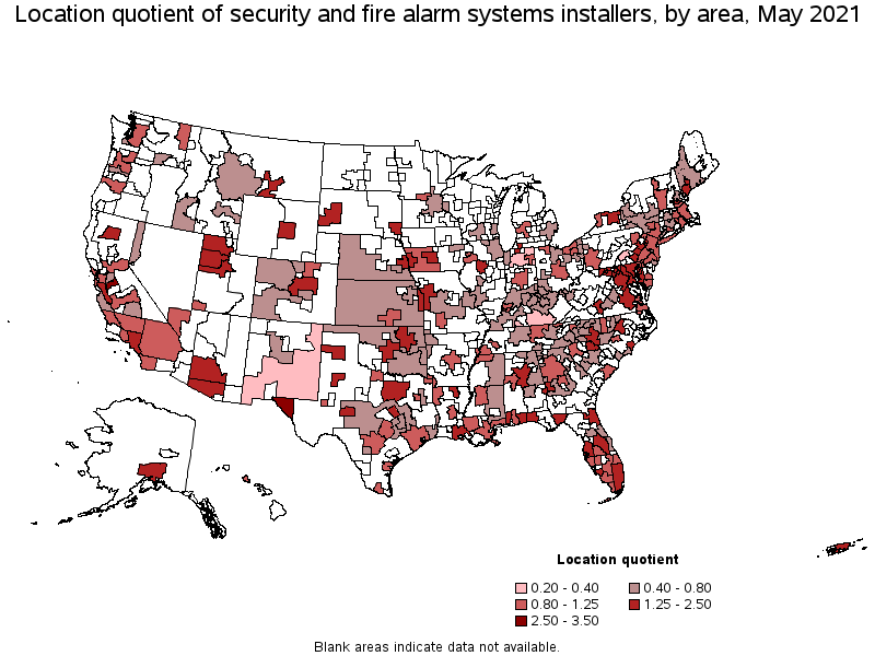 Map of location quotient of security and fire alarm systems installers by area, May 2021