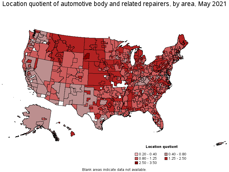 Map of location quotient of automotive body and related repairers by area, May 2021