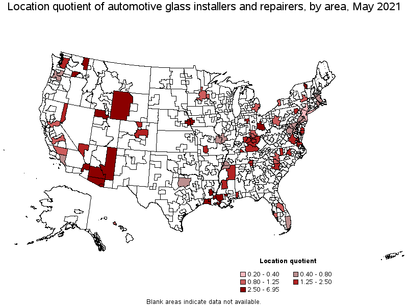 Map of location quotient of automotive glass installers and repairers by area, May 2021