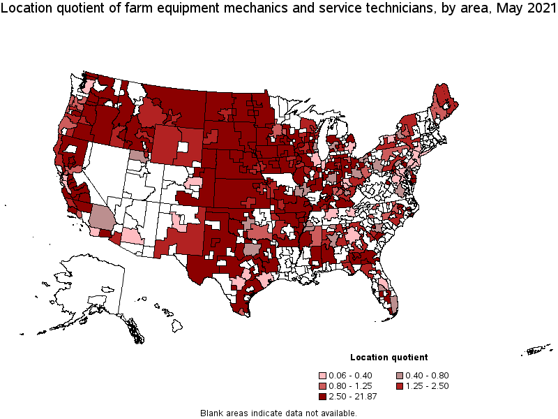 Map of location quotient of farm equipment mechanics and service technicians by area, May 2021