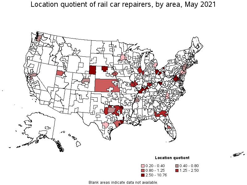 Map of location quotient of rail car repairers by area, May 2021
