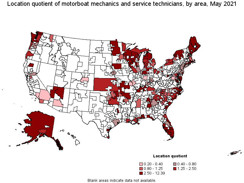 Map of location quotient of motorboat mechanics and service technicians by area, May 2021