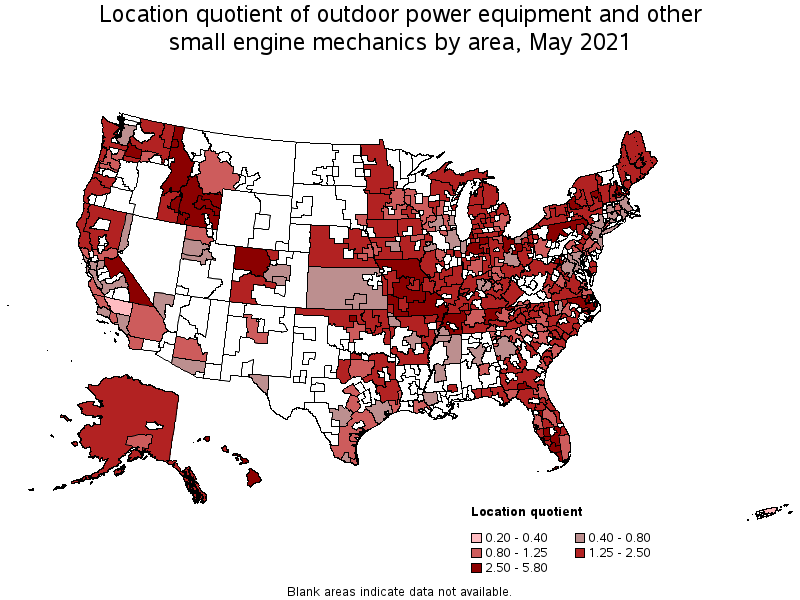Map of location quotient of outdoor power equipment and other small engine mechanics by area, May 2021