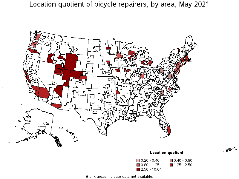 Map of location quotient of bicycle repairers by area, May 2021