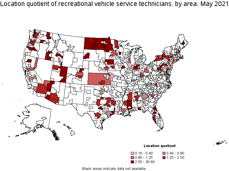 Map of location quotient of recreational vehicle service technicians by area, May 2021