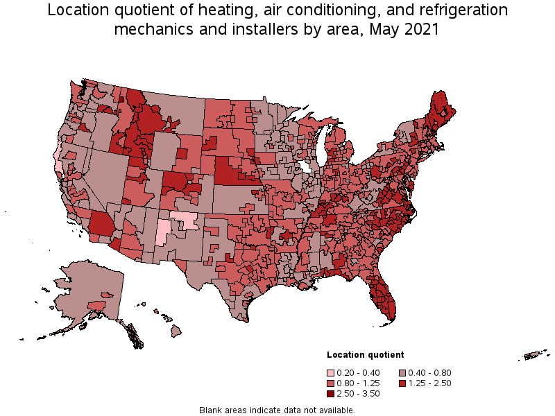 Map of location quotient of heating, air conditioning, and refrigeration mechanics and installers by area, May 2021