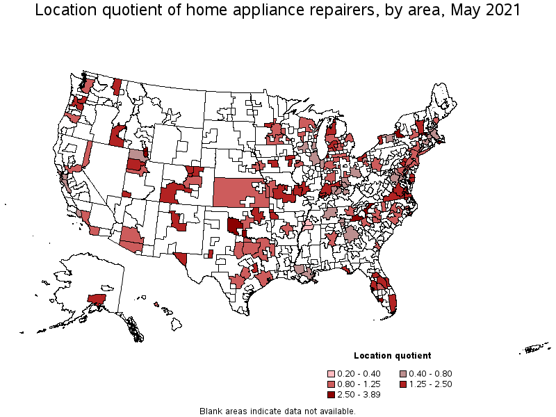 Map of location quotient of home appliance repairers by area, May 2021