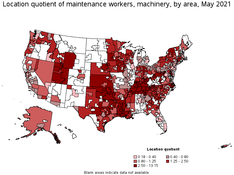 Map of location quotient of maintenance workers, machinery by area, May 2021