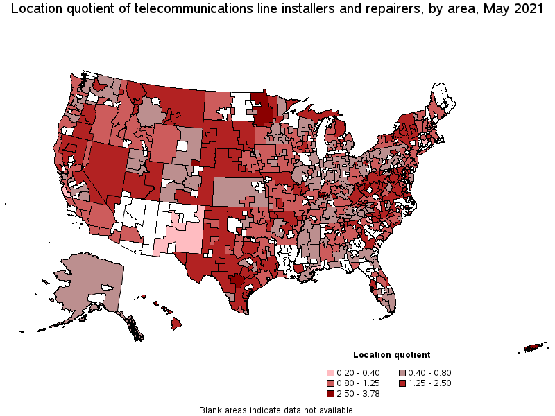 Map of location quotient of telecommunications line installers and repairers by area, May 2021