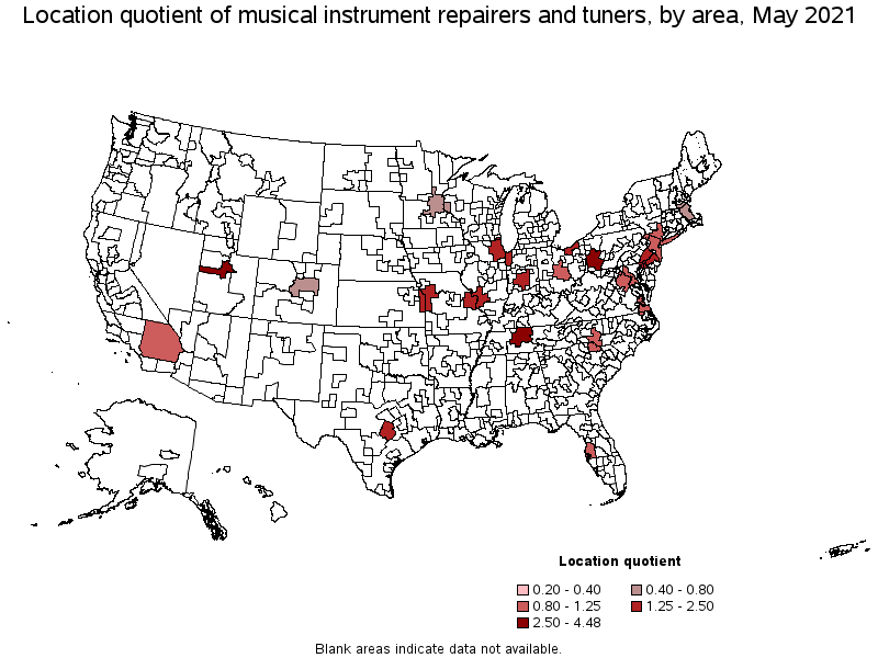 Map of location quotient of musical instrument repairers and tuners by area, May 2021