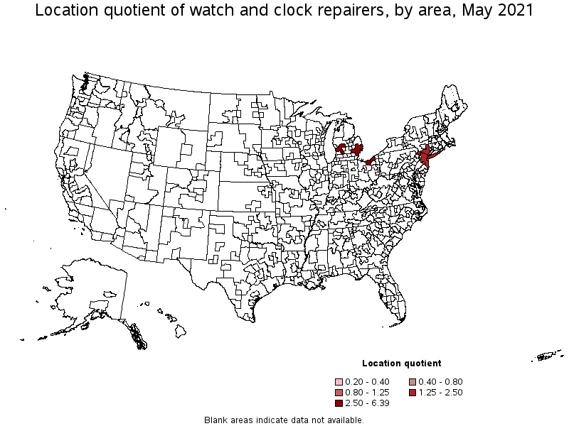 Map of location quotient of watch and clock repairers by area, May 2021